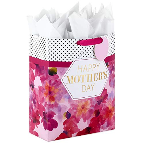 Hallmark 15  Extra Large Mother s Day Gift Bag with Tissue Paper  Bright Pink with Black Dots and Gold Foil
