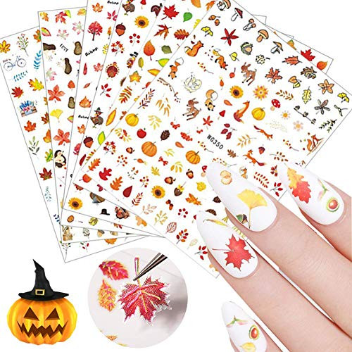 6 Sheets Fall Nail Art Stickers 3D Autumn Nail Art Supplies Self Adhesive Maple Leaves Pumpkin Squirrel Turkey Nail Decals for Women Kids Girls Thanksgiving Maple Leaf DIY Manicure Design Decor