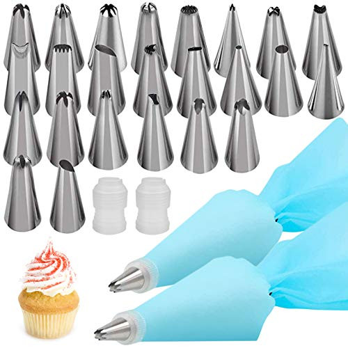 28pcs Piping Bags and Tips Cake Decorating Supplies Kit with 2 Reusable Silicone Pastry Bags 24 Stainless Steel Frosting Icing Tips 2 couplers  for Baking Cupcake Cookies