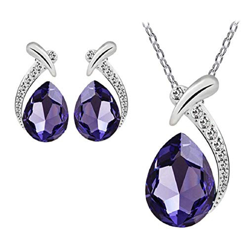 Nobio Women Girl s Shiny Crystal Rhinestone Silver Chain Teardrop Pendent Necklace Stud Earrings Costume Fashion Jewelry Set  Purple