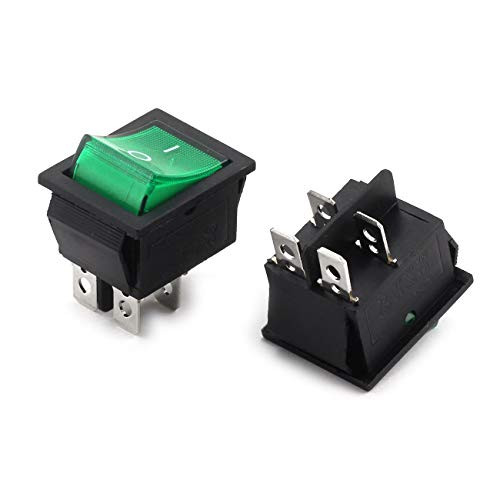 Longdex 2pcs AC 250V 16A ON OFF Boat Rocker Switch Small Appliances Power Switch 2 Position I O 4Pin DPST Green Button Switch with Light