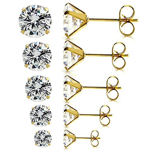 JewelrieShop Earrings for Women Studs Set Stainless Steel CZ Earing Hypoallergenic Multiple Piercing Ear Stud  5 pairs  3 7mm White CZ Gold Post 4 Prong JewelrieShop Earrings for Women Studs Set Stainless Steel CZ Earing Hypoallergenic Multiple Piercing Ear Stud  5 pairs  3 7mm White CZ Gold Post 4 Prong