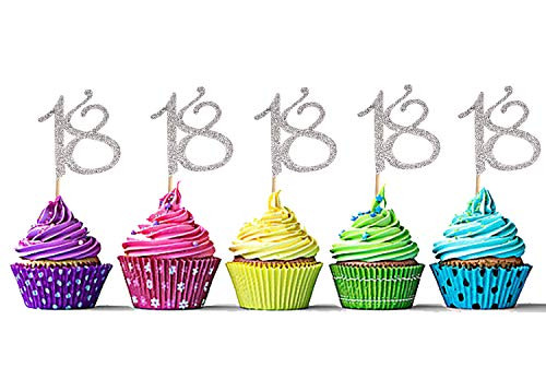 Sumerk 24PCS 18 Cupcake toppers Silver Glitter 18th Birthday Cupcake Picks Anniversary Party Decorations
