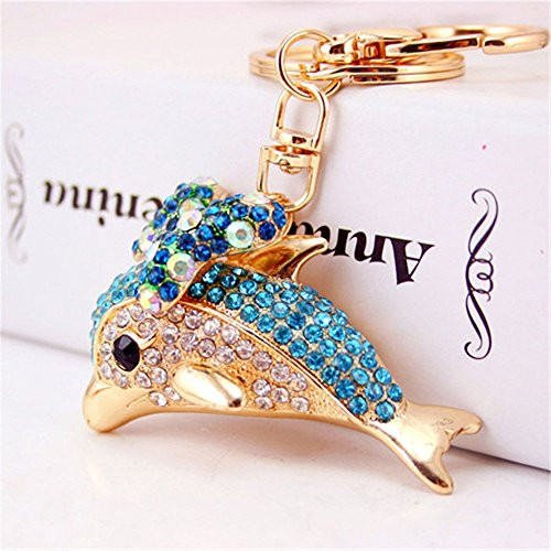 Cute Bowtie Dolphin Keychain Crystal Sparkling Keyring Rhinestones Purse Pendant Handbag Charm  Blue