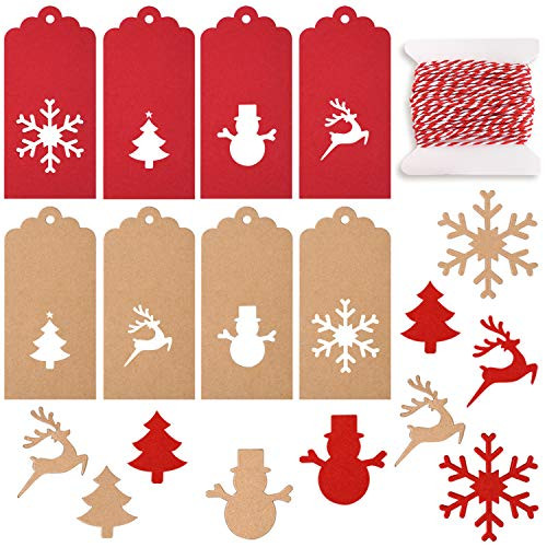 TUPARKA 80 Pcs Xmas Gift Tags Paper Tags Kraft Gift Tags Snowflake Christmas Trees Reindeer Snowman Design for Christmas DIY Crafts Decorations