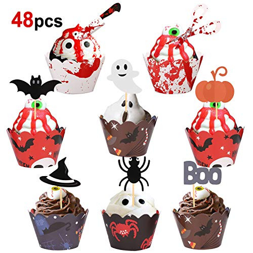 Konsait 48pcs Halloween Cupcake Toppers Wrappers   Spider Web Pumpkin Zombie Hand Picks Food Decor Cake Party Haunted Hosed Halloween Birthday Party Centerpiece Decorations Supplies