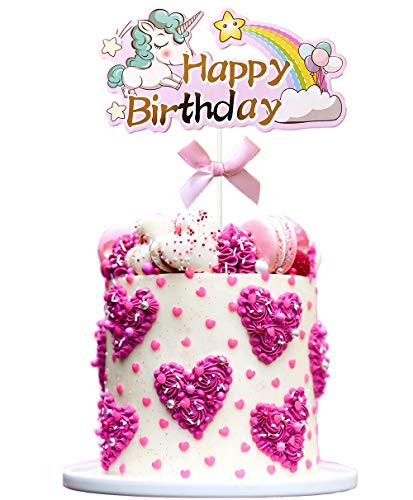 Ainuioi Unicorn Happy Birthday Cake Topper Pink Glitter Cake Topper Birthday Party Decoration Supplies