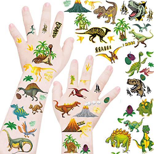 Mocossmy Dinosaur Temporary Tattoos for Kids   Glitter Dinosaur Temporary Tattoos Waterproof Fake Tattoo Stickers Birthday Party Supplies  Dinosaur Party Favors T rex Decorations by ACXOP