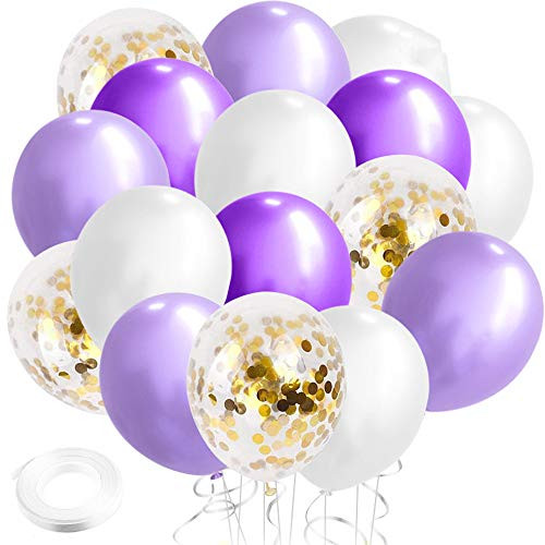Purple and White Latex Balloons   50pcs 12 Inch Gold Confetti Balloons with 33 Ft White Ribbon for Birthday Party Graduation Girls Baby Shower Decorations Wedding Christmas Festival Ceremony Princess Party