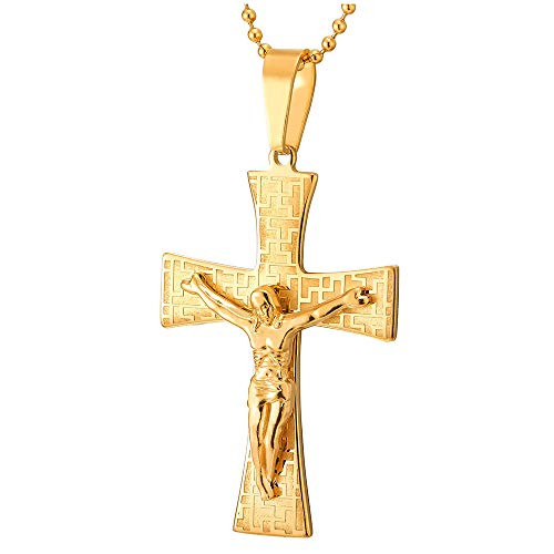 COOLSTEELANDBEYOND Men Steel Gold Color Jesus Christ Crucifix Cross Pendant Necklace with Greek Key  30 in Ball Chain