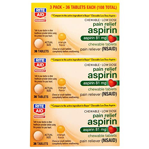 Rite Aid Low Dose 81 mg Aspirin  Chewable Tablets  Orange Flavor  3 Bottles  36 Count Each  108 Count Total  Pain Reliever   Chewable Aspirin Regimen   Headache Relief Pills   Aspirin 81mg for Adults