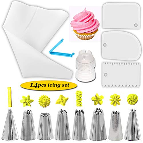 14Pcs Cake Piping Icing Nozzles Tips Kit Set  Pastry Bag Scraper Tips Converter Baking Cup  for Cake Cupcake Decorating Cookies Pastry Making Tool
