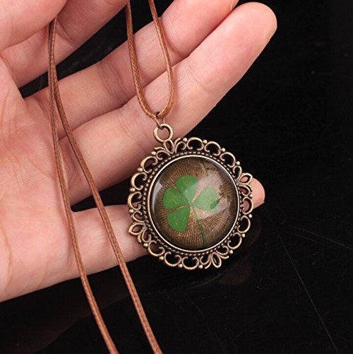 Fdesigner Vintage Four leaf Clover Glass Necklace Dainty Pendant Leather Necklaces Jewelry for Women and Girls Clover Fdesigner Vintage Four leaf Clover Glass Necklace Dainty Pendant Leather Necklaces Jewelry for Women and Girls Clover
