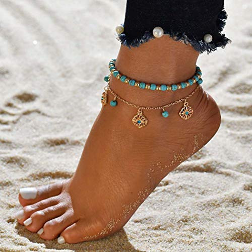 ELABEST Boho Turquoise Anklet Beaded Flower Pendant Layered Foot Chain Summer Barefoot Beach Foot Jewelry Ankle Bracelets for Women and Girls