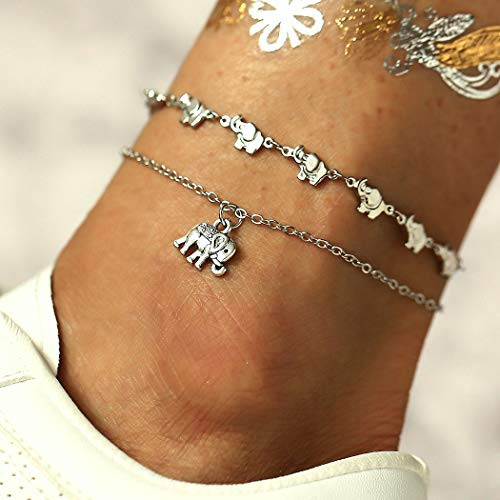 ELABEST Boho Layered Anklet Silver Ankle Bracelets Pendant Foot Jewelry Elephant Foot Chains for Women and Girls