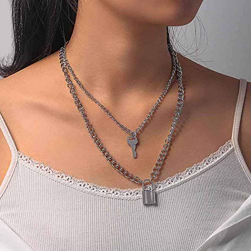 Aetorgc Punk Layered Necklace Chain Silver Key Pendant Necklaces Lock and Thick Necklace Jewelry for Women and Girls Aetorgc Punk Layered Necklace Chain Silver Key Pendant Necklaces Lock and Thick Necklace Jewelry for Women and Girls