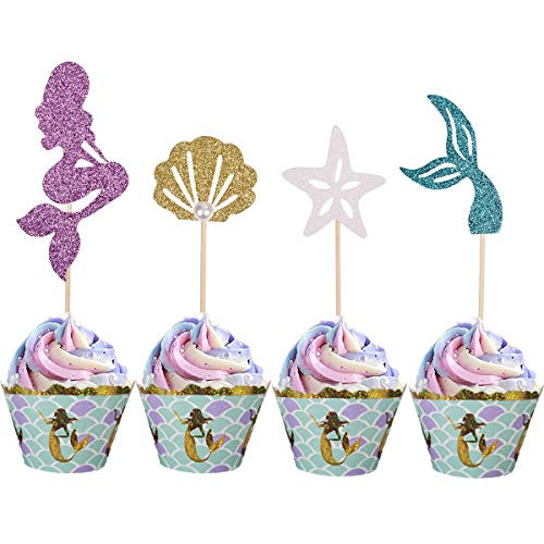 QAQGEAR 24PCS Cupcake Toppers Mermaid Theme Cupcake Cake Picks Glitter and Cupcake Wrappers Mermaid Party Supplies For Baby Shower Birthday Party Mermaid Theme Party Cake Decoration QAQGEAR 24PCS Cupcake Toppers Mermaid Theme Cupcake Cake Picks Glitter and Cupcake Wrappers Mermaid Party Supplies For Baby Shower Birthday Party Mermaid Theme Party Cake Decoration