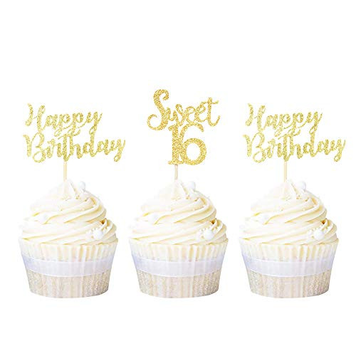 Ercadio 24 Pack Gold Glitter Happy Birthday Cupcake Toppers Sweet 16 Cake Picks Decorations for Kids 16th Birthday Party Supplies