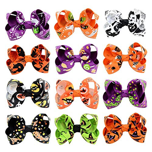 12 Pcs Halloween Hair Bows   Halloween s Day Bow Knot Hair Pins Boutique clips Grosgrain Ribbon  B