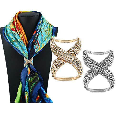 2PCS Rhinestone Inlayed Silk Scarf Clips Rings Fashion Scarves Buckle Scarf Wrap Holder Clamp Silk Scarf Clasp for Clothing Neckerchief Shawl  Golden   Silver