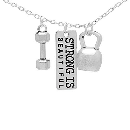 Art Attack Strong Is Beautiful Workout Gym Necklace  Barbell Dumbbell Kettlebell Exercise Pendant Charms