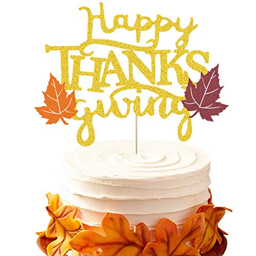 Thanksgiving Cake Topper Glitter Happy Thanksgiving Cake Decor Fall Maple Leaf Thanksgiving Day Theme Party Cake Supplies Decorations