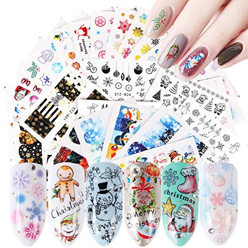 30 Sheets Christmas Nail Art Stickers Winter Water Transfer Nail Decals Xmas Tree Snowflake Bell Snowman Santa Claus Reindeer Nail Art Design Acrylic Nails Supply Manicure Tips Charms Decorations