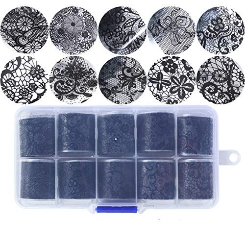 JMEOWIO Nail Foil Transfer Stickers Lace Foils Sticker Nail Art Supplies 10 Rolls Nail Adhesive Acrylic Decorations DIY Nail Art Foil Designs for Women Manicure Tips Wraps Glitter Sparkle  Black