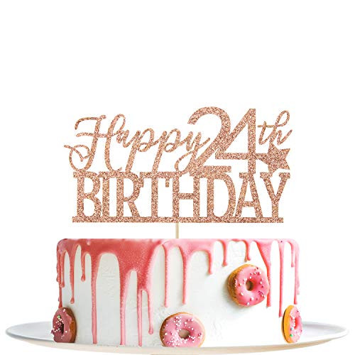 Rose Gold Glitter Happy 24th Birthday Cake Topper  Hello 24  Cheers to 24 Years Party Decoration Supplies
