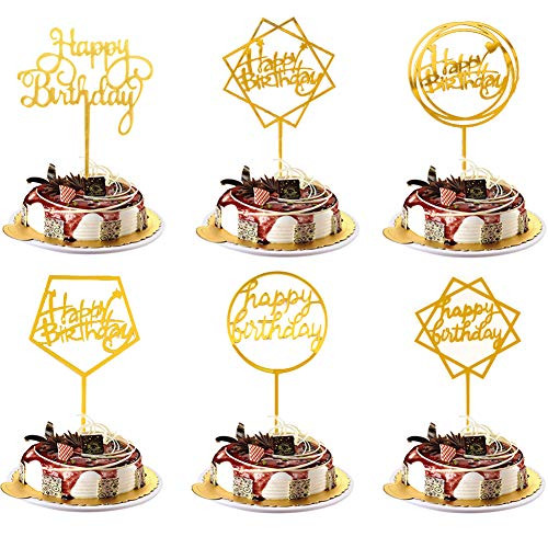 LEBERY Happy Birthday Cake Topper  6Pcs Acrylic Gold Birthday Cake Toppers Cupcake Toppers  Birthday Cake Picks Cupcake Picks for Various Birthday Cake Decorations Birthday Party Supplies