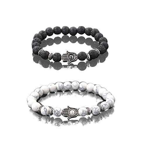 KIKILA 2Pcs Set Handmade Elastic 6mm Beads Hamsa Bracelet Natural Stone Evil Eye Hamsa Fatima Hand Charm Beaded Couples Bracelets Kabbalah Bracelet