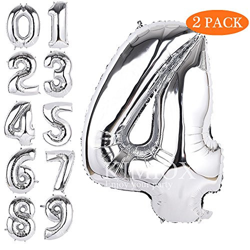 KIMIOX Number Balloons  2 Pcs 40 Inch Birthday Number Balloon Party Decorations Supplies Helium Foil Mylar Digital Balloons  Silver Number 4