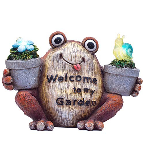 Teresa's Collections 8.5X5.7 Welcome Sign Garden Statues Frog Figurines, Solar Powered Garden Lights for Outdoor Patio Yard Decorations