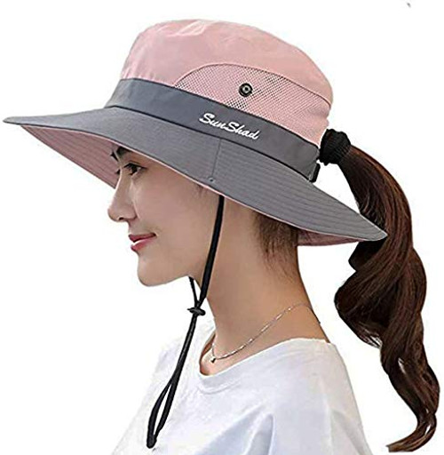 Womens Foldable Wide Brim UV Protection Sun Hat with Ponytail Hole  Pink