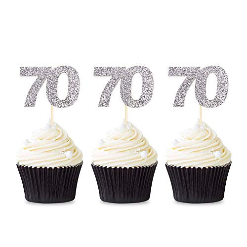48PCS 70th Cupcake Toppers Silver Glitter 70 Birthday Cupcake Picks Party Decoration Supplies