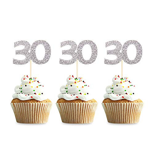 48PCS 30th Cupcake Toppers Silver Glitter 30 Birthday Cupcake Picks Party Decoration Supplies