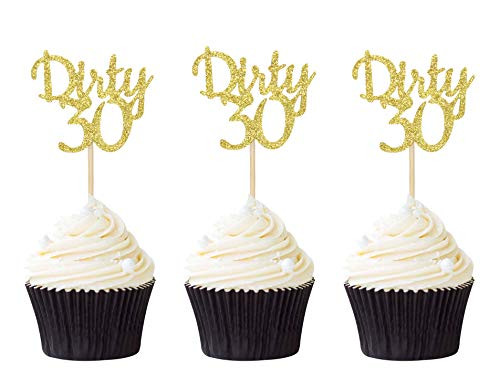 24 PCS Gold Glitter Dirty 30 Cupcake Toppers 30th Birthday Party Cupcake Picks Cake Decorations Supplies
