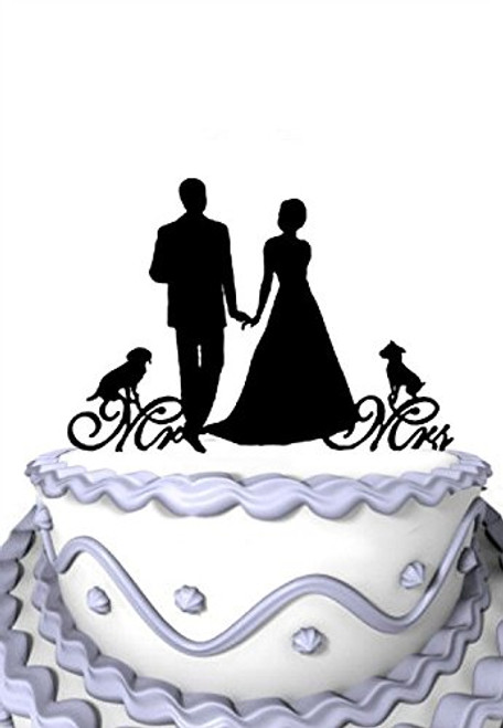 Meijiafei Mr&Mrs Bride and Groom with Two Dogs Pet Silhouette Wedding Cake Topper Meijiafei Mr&Mrs Bride and Groom with Two Dogs Pet Silhouette Wedding Cake Topper