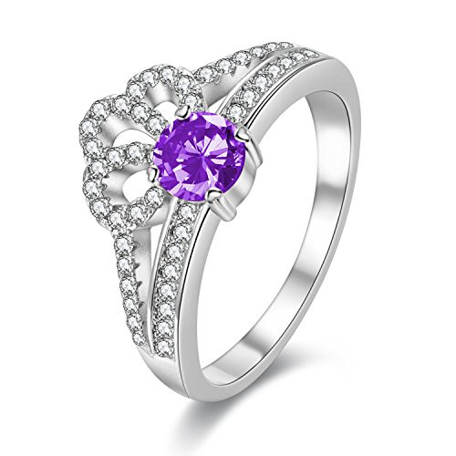 Uloveido King Queen Crown Heart Promise Ring Simulated Purple Amethyst Round Cubic Zirconia Rhodium Plated  Purple  Size 6  Y2735