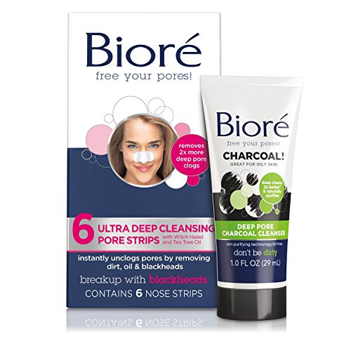 Bioré Witch Hazel Ultra Cleansing Pore Strips  6 Count    Bioré Deep Pore Charcoal Daily Face Wash  1 Ounce   with Deep Pore Cleansing for Dirt and Makeup Removal from Oily Skin