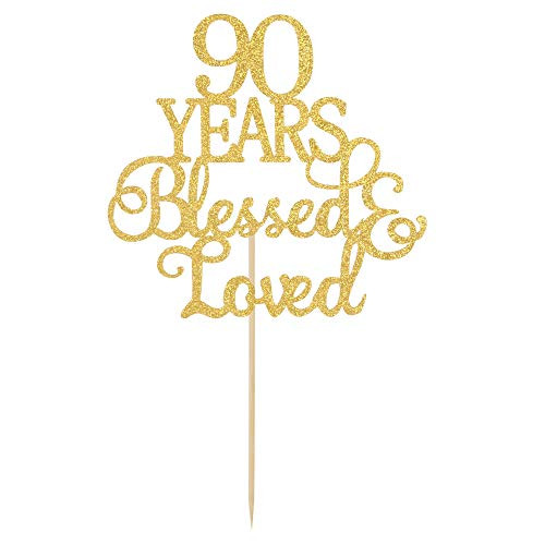 Gold Glitter 90 Years Blessed   Loved Cake topper  90th Birthday Anniversary Marriage Party Decoration Supplies