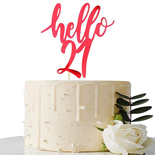 Hello 21 Cake Topper   21st Birthday   21st Anniversary Party Cake Decoration  21st Birthday   21st Anniversary Party Decorations Supplies  Mirror Red  Hello 21