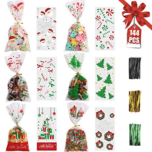 STEFORD 144PCS Christmas Cellophane Bags Xmas Clear Candy Treat Cellophane Bag with 210PCS Twist Ties for Christmas Party Favors STEFORD 144PCS Christmas Cellophane Bags Xmas Clear Candy Treat Cellophane Bag with 210PCS Twist Ties for Christmas Party Favors