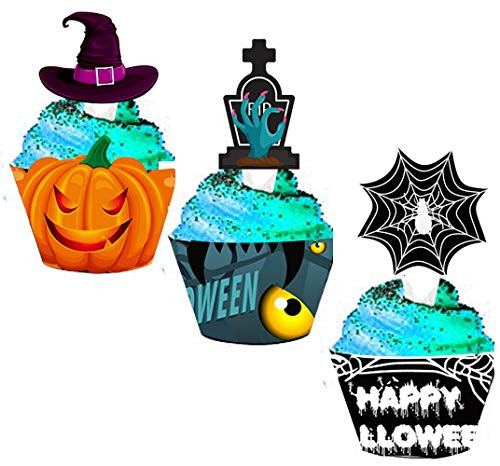 SWYOUN 36 Sets Halloween Cupcake Toppers Wrappers Spider Web Pumpkin Cake Party Supplies