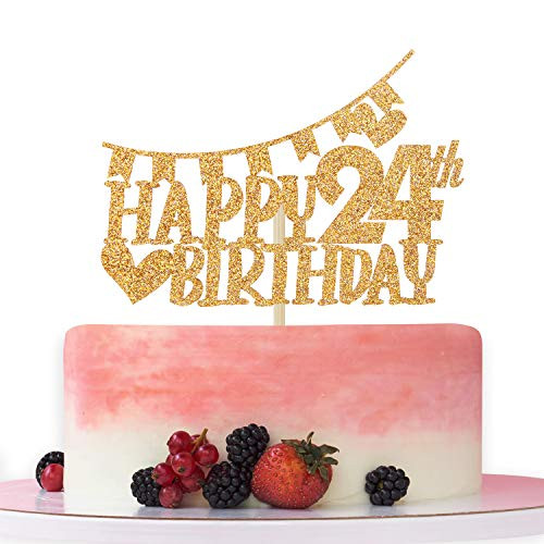 Gold Glitter Happy 24th Birthday Cake Topper Hello 24 Cheer to 24 Years Old  24th Anniversary Birthday Party Decoration Supplies
