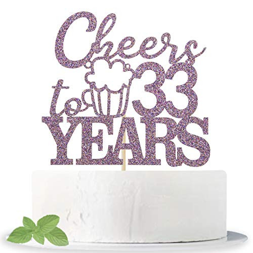 Purple Glitter Cheers to 33 Years Cake Topper for 33rd Anniversary   33rd Birthday Cake Decorating  Hello 33   33   Fabulous Birthday Party Decorations Supplies