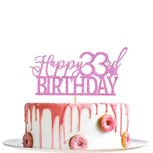 Pink Glitter Happy 33rd Birthday Cake Topper   Hello 33   Cheers to 33 Years Party Decoration Supplies