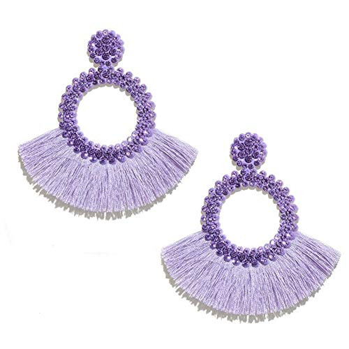 Colorful Tassel Earrings Bohemian Handmade Bohemia Hoop   Fan Shape Beaded Statement Dangle Drop Earrings Hook Eardrop for Women Girls Party Christmas Gifts  Purple