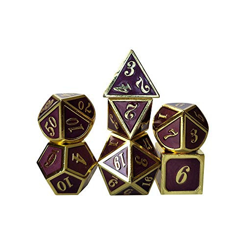 YH Poker 7PCS Metal Dice Set D&D Dice D20 D12 D10 D8 D6 D4 for Dungeons and Dragons DND RPG MTG Table Games-Glossy Enamel Dice-Dark Purple with Gold Number