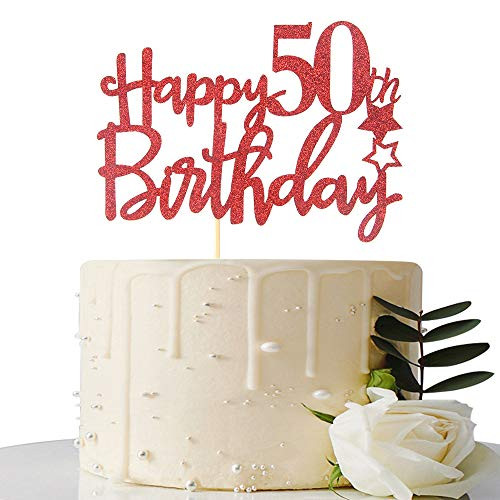 Red Glitter Happy 50th Birthday Cake Topper   50 Cake Topper   50th Birthday Party Supplies   50th Birthday Party Decorations